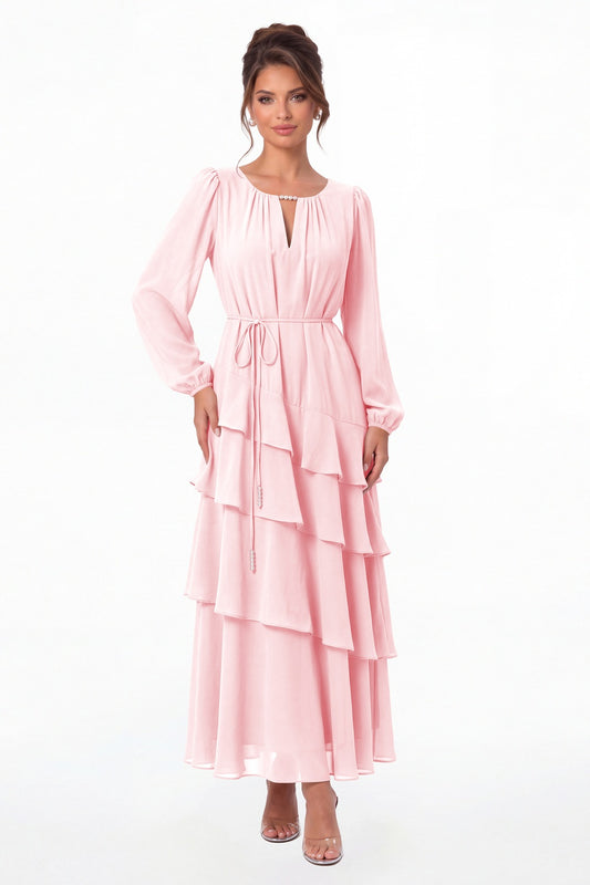 Light Pink V-Neck Long Sleeve Tiered Ruffle Chiffon Maxi Gown - Front View