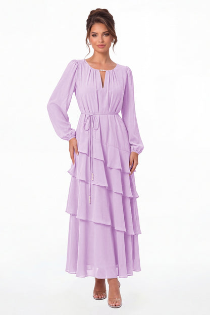 Lilac V-Neck Long Sleeve Tiered Ruffle Chiffon Maxi Gown - Front View