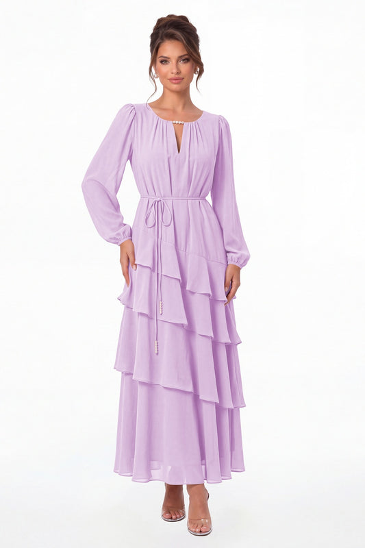 Lilac V-Neck Long Sleeve Tiered Ruffle Chiffon Maxi Gown - Front View