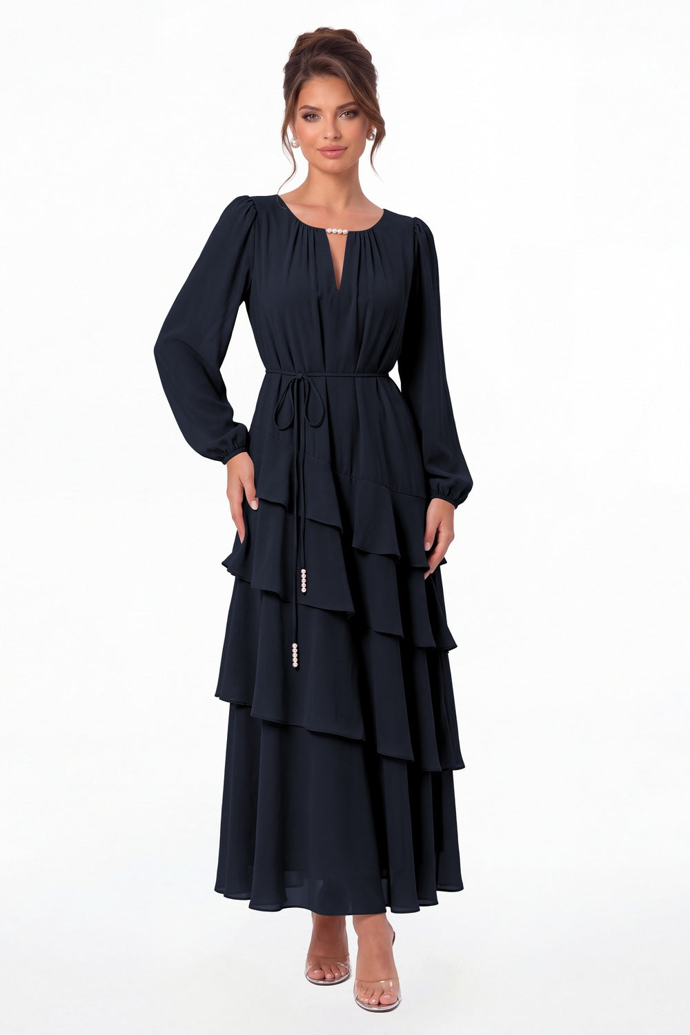 Navy Blue V-Neck Long Sleeve Tiered Ruffle Chiffon Maxi Gown - Front View