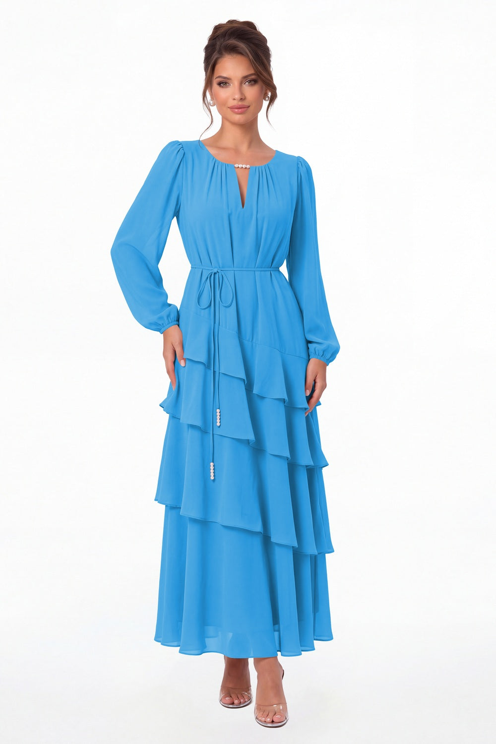 Ocean Blue V-Neck Long Sleeve Tiered Ruffle Chiffon Maxi Gown - Front View