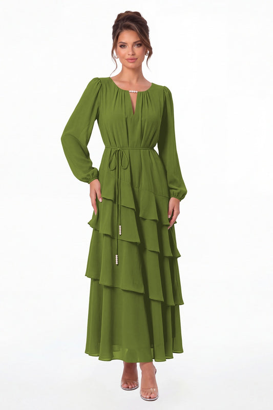 Olive Green V-Neck Long Sleeve Tiered Ruffle Chiffon Maxi Gown - Front View