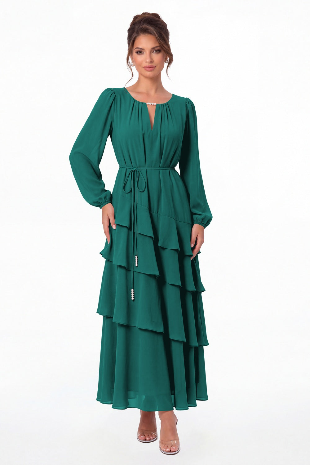 Peacock V-Neck Long Sleeve Tiered Ruffle Chiffon Maxi Gown - Front View