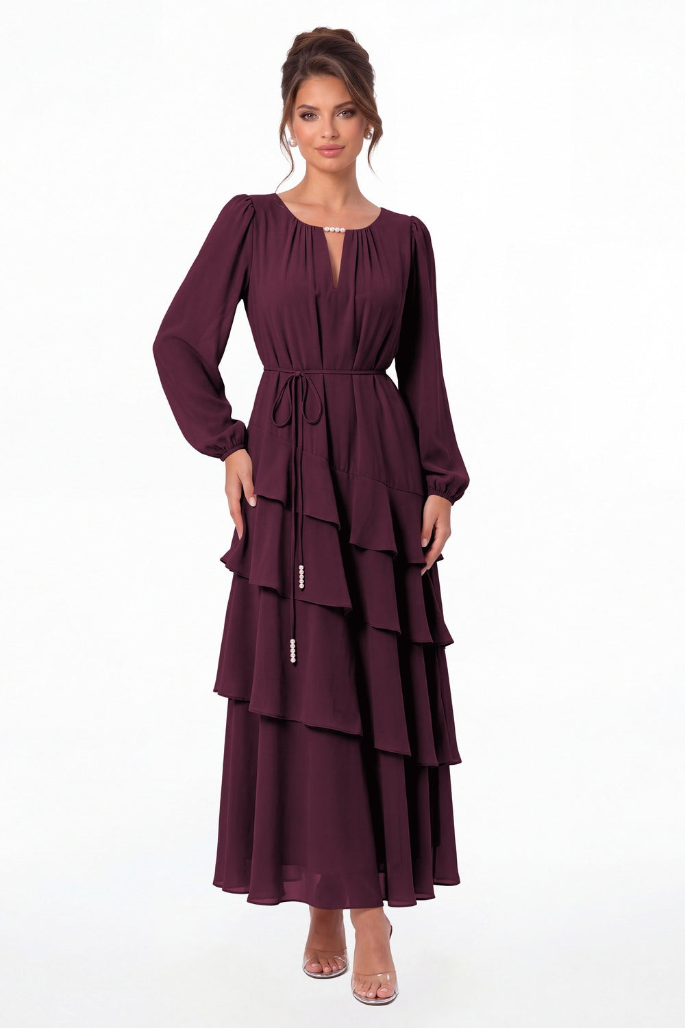 Plum V-Neck Long Sleeve Tiered Ruffle Chiffon Maxi Gown - Front View