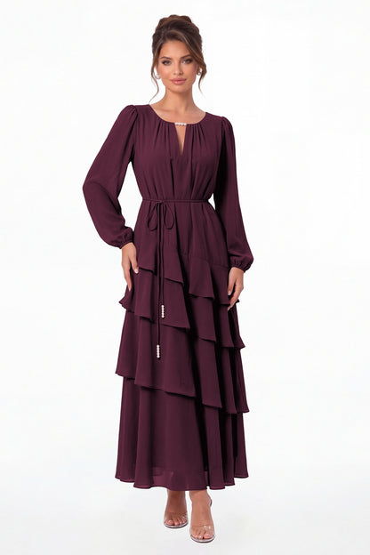 Plum V-Neck Long Sleeve Tiered Ruffle Chiffon Maxi Gown - Front View