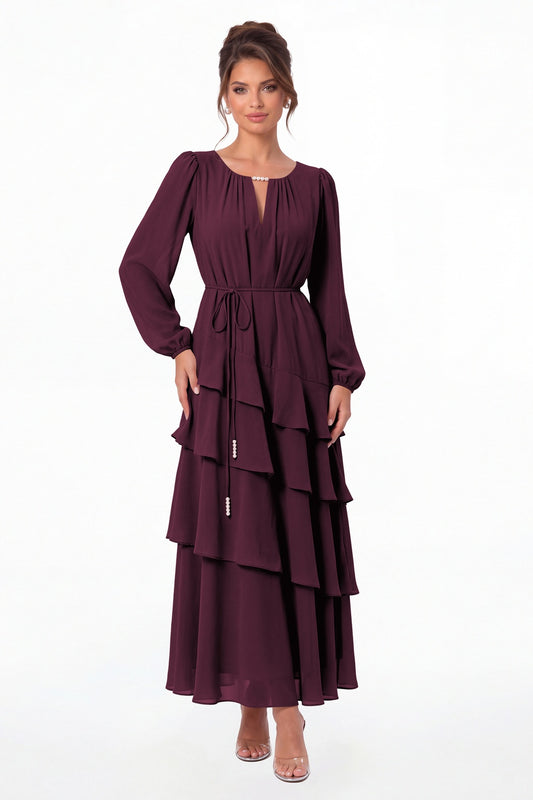 Plum V-Neck Long Sleeve Tiered Ruffle Chiffon Maxi Gown - Front View