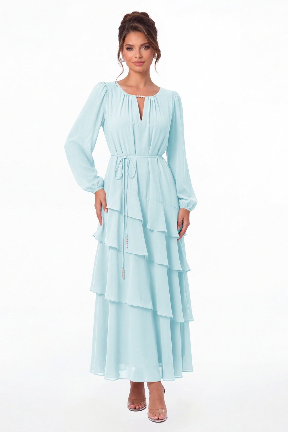 Powder Blue V-Neck Long Sleeve Tiered Ruffle Chiffon Maxi Gown - Front View