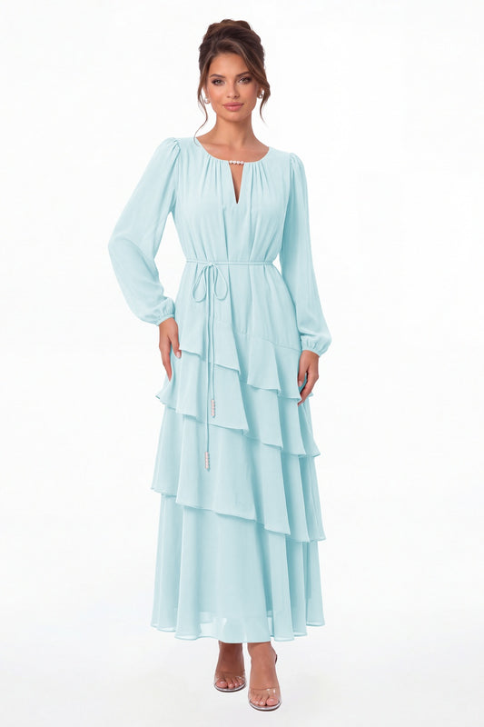 Powder Blue V-Neck Long Sleeve Tiered Ruffle Chiffon Maxi Gown - Front View