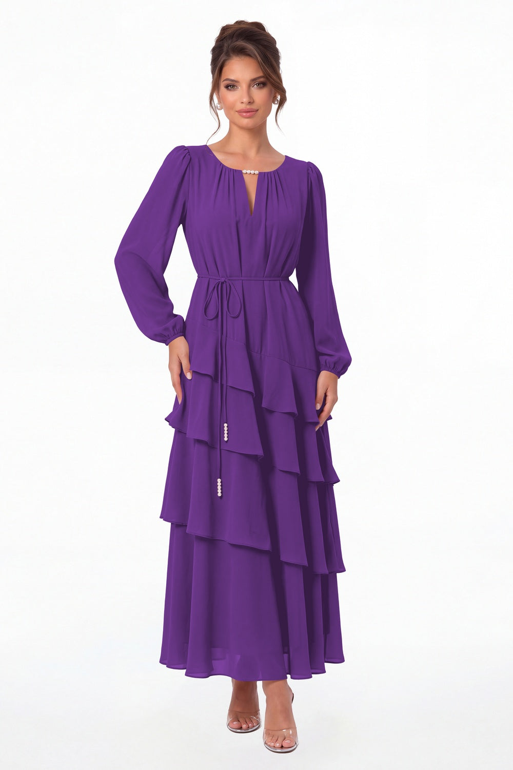Purple V-Neck Long Sleeve Tiered Ruffle Chiffon Maxi Gown - Front View