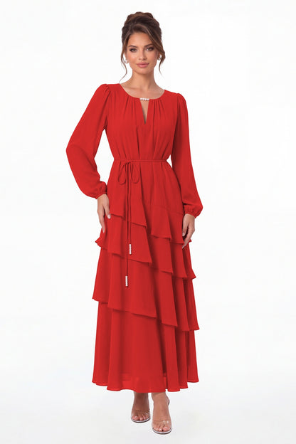 Red V-Neck Long Sleeve Tiered Ruffle Chiffon Maxi Gown - Front View