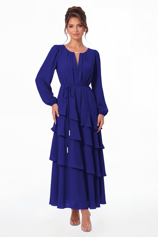 Royal Blue V-Neck Long Sleeve Tiered Ruffle Chiffon Maxi Gown - Front View