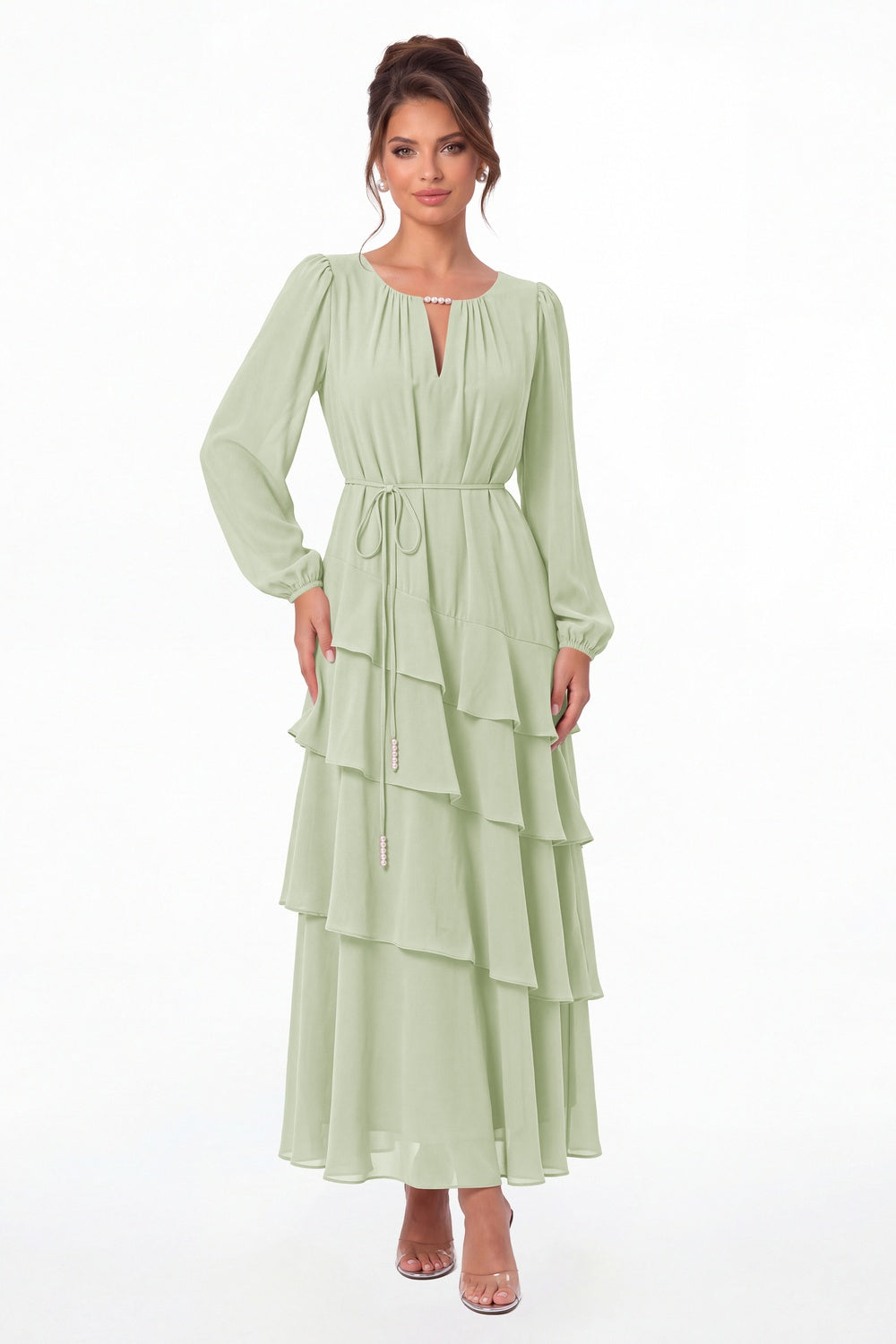 Sage Green V-Neck Long Sleeve Tiered Ruffle Chiffon Maxi Gown - Front View