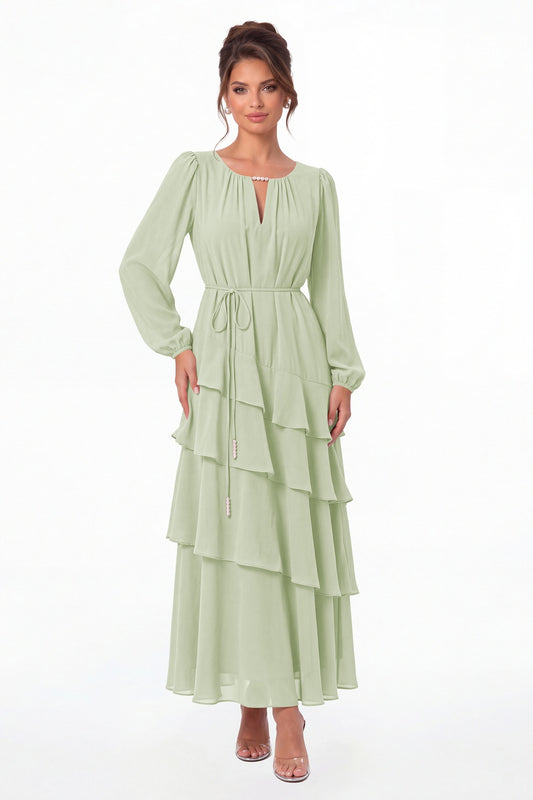Sage Green V-Neck Long Sleeve Tiered Ruffle Chiffon Maxi Gown - Front View