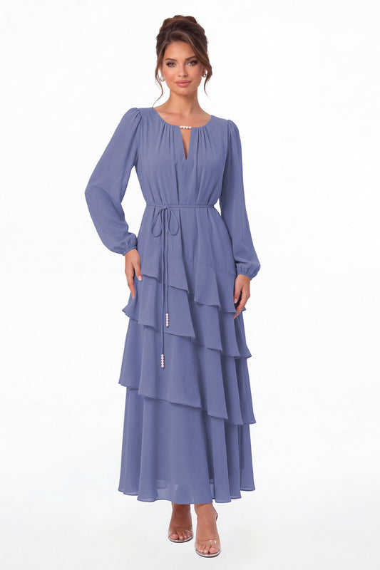 Steel Blue V-Neck Long Sleeve Tiered Ruffle Chiffon Maxi Gown - Front View