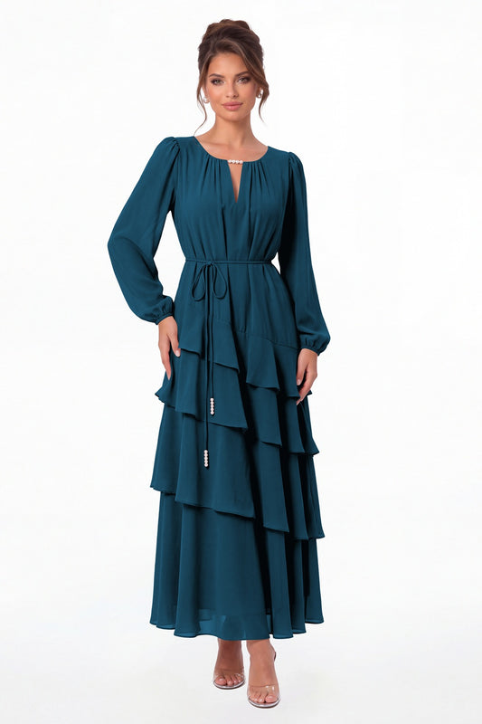 Teal V-Neck Long Sleeve Tiered Ruffle Chiffon Maxi Gown - Front View