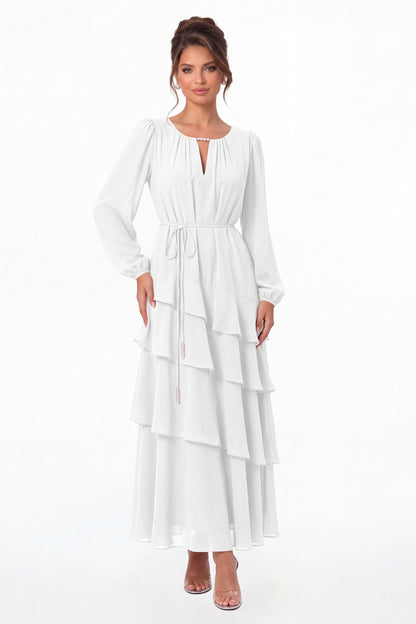 White V-Neck Long Sleeve Tiered Ruffle Chiffon Maxi Gown - Front View