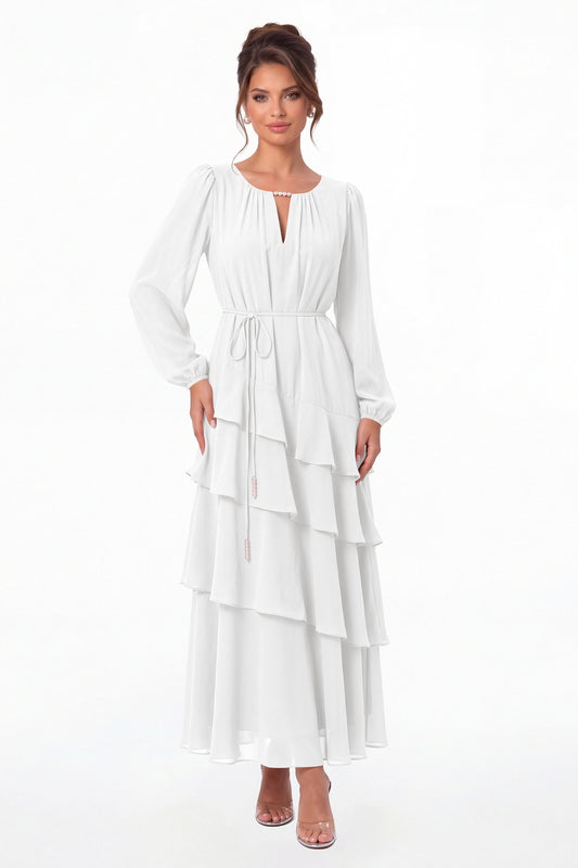 White V-Neck Long Sleeve Tiered Ruffle Chiffon Maxi Gown - Front View