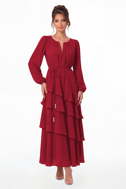 Wine Red V-Neck Long Sleeve Tiered Ruffle Chiffon Maxi Gown - Front View
