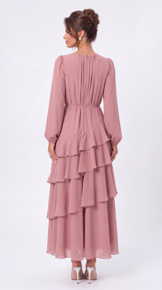 V-Neck Long Sleeve Tiered Ruffle Chiffon Maxi Gown - Back View