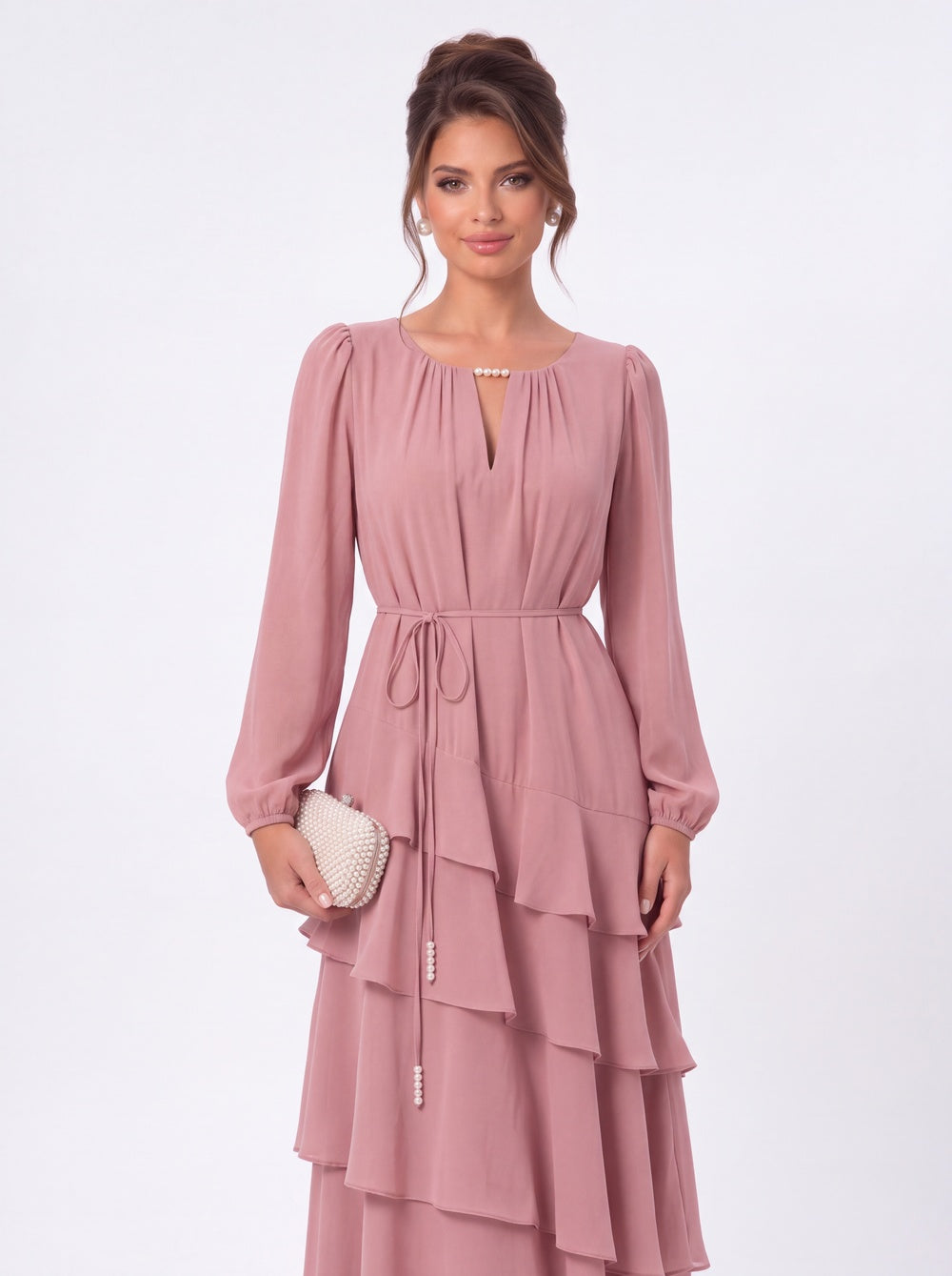 V-Neck Long Sleeve Tiered Ruffle Chiffon Maxi Gown - Detail View 1