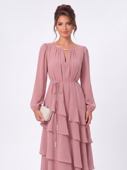 V-Neck Long Sleeve Tiered Ruffle Chiffon Maxi Gown - Detail View 1