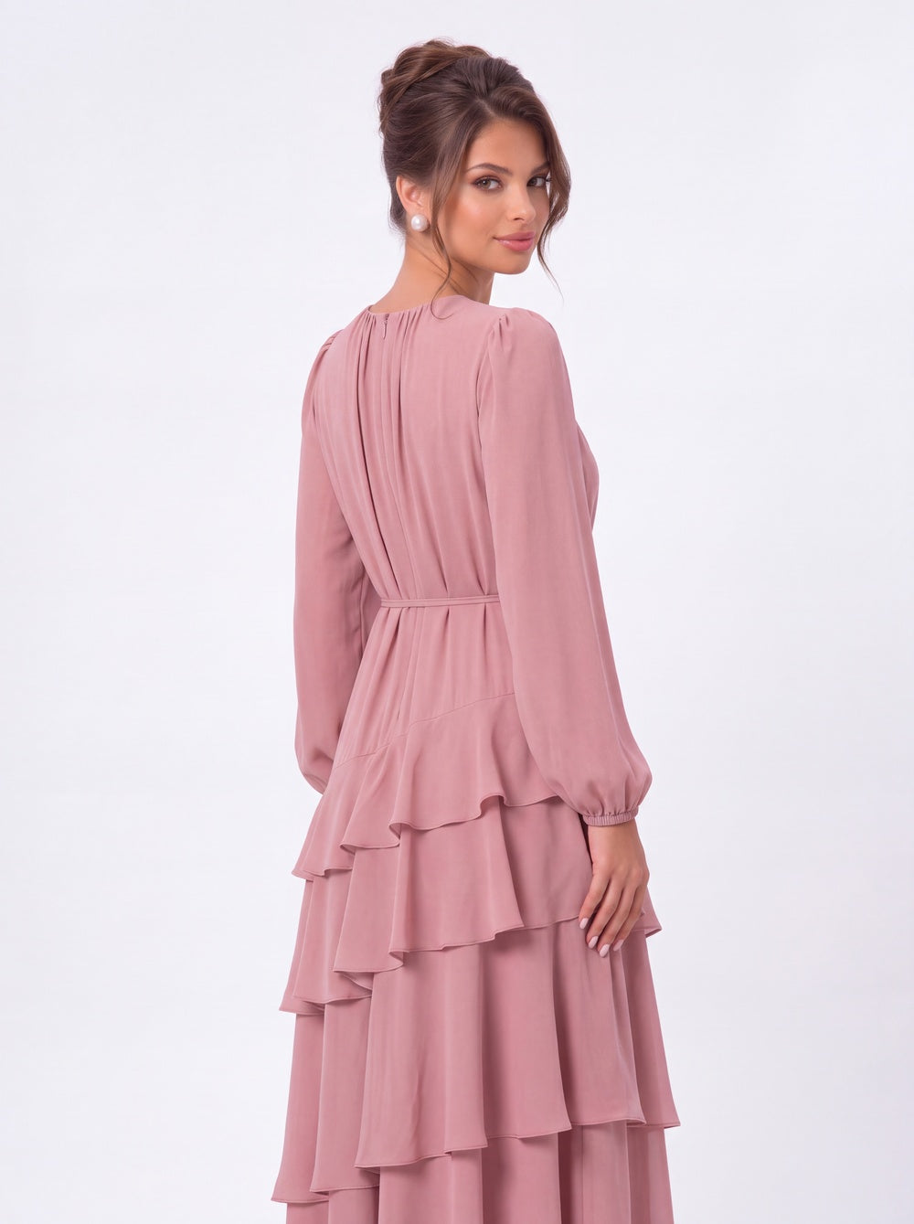 V-Neck Long Sleeve Tiered Ruffle Chiffon Maxi Gown - Detail View 2