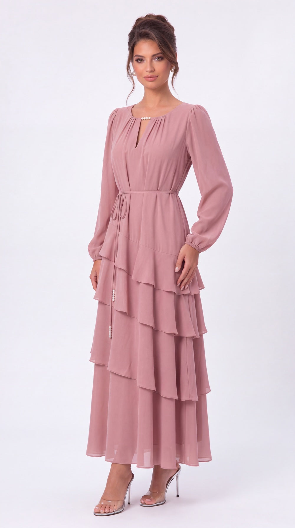V-Neck Long Sleeve Tiered Ruffle Chiffon Maxi Gown - Detail View 3