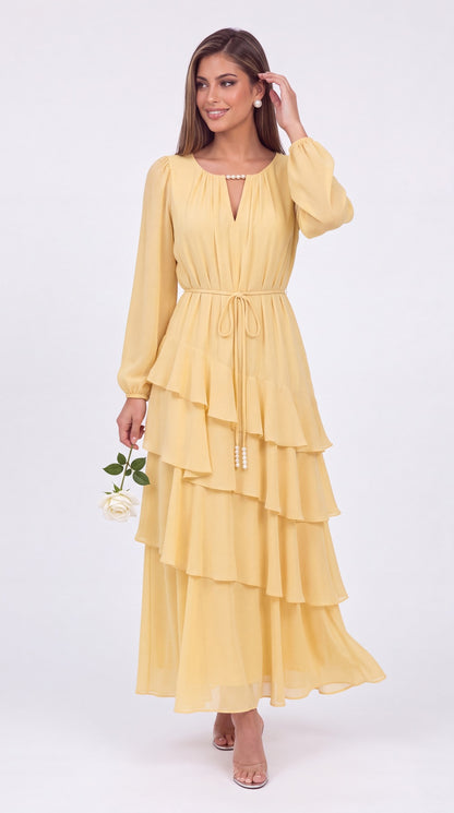 V-Neck Long Sleeve Tiered Ruffle Chiffon Maxi Gown - Detail View 4
