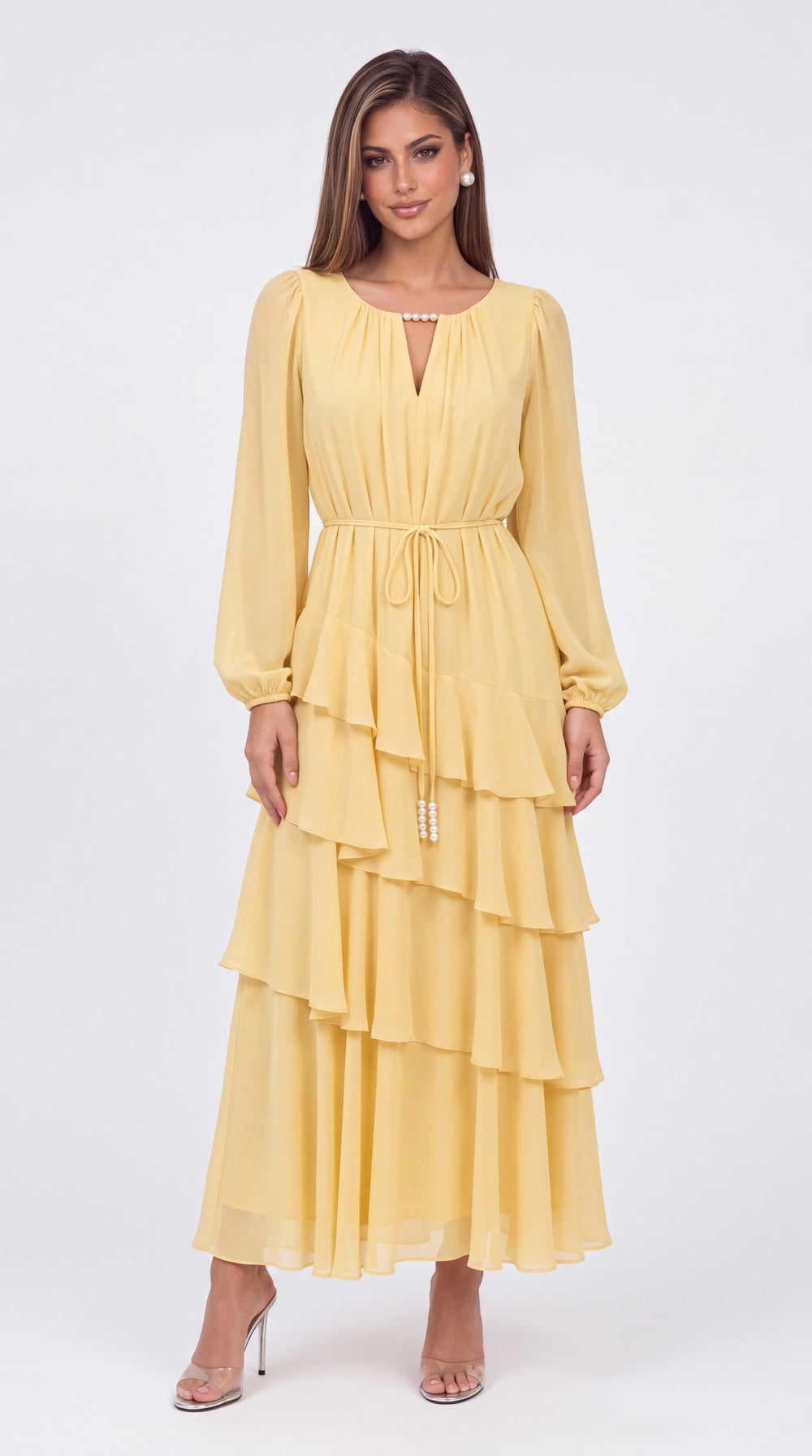 V-Neck Long Sleeve Tiered Ruffle Chiffon Maxi Gown - Detail View 5