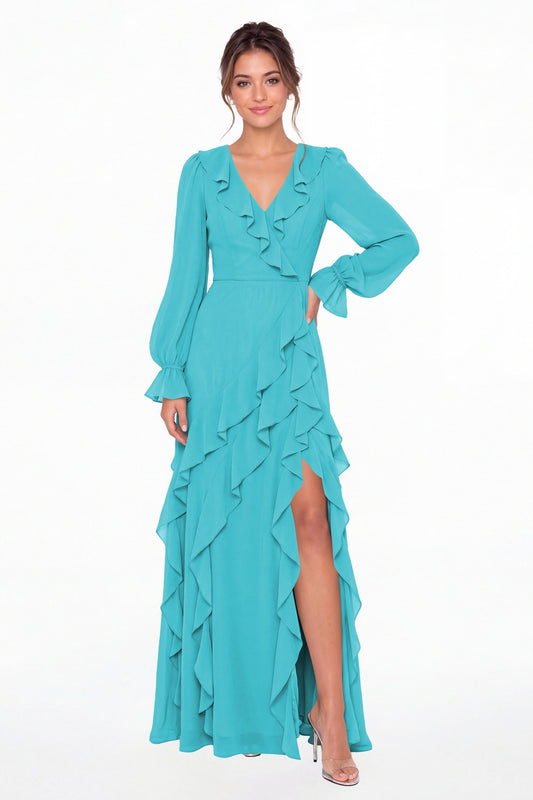 Aqua Blue V-Neck Long Sleeve Ruffle Chiffon Slit Maxi Gown - Front View