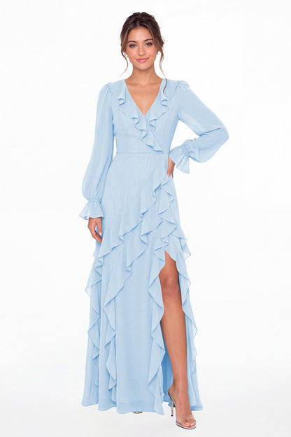 Baby Blue V-Neck Long Sleeve Ruffle Chiffon Slit Maxi Gown - Front View