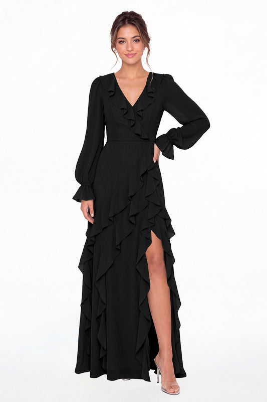 Black V-Neck Long Sleeve Ruffle Chiffon Slit Maxi Gown - Front View
