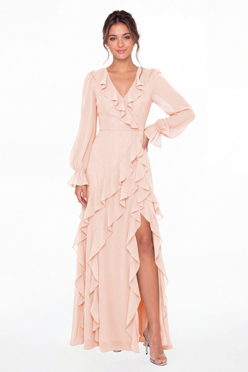Blush Pink V-Neck Long Sleeve Ruffle Chiffon Slit Maxi Gown - Front View