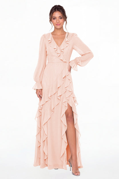 Blush Pink V-Neck Long Sleeve Ruffle Chiffon Slit Maxi Gown - Front View