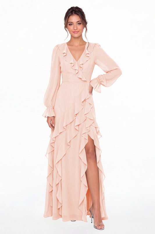 Blush Pink V-Neck Long Sleeve Ruffle Chiffon Slit Maxi Gown - Front View