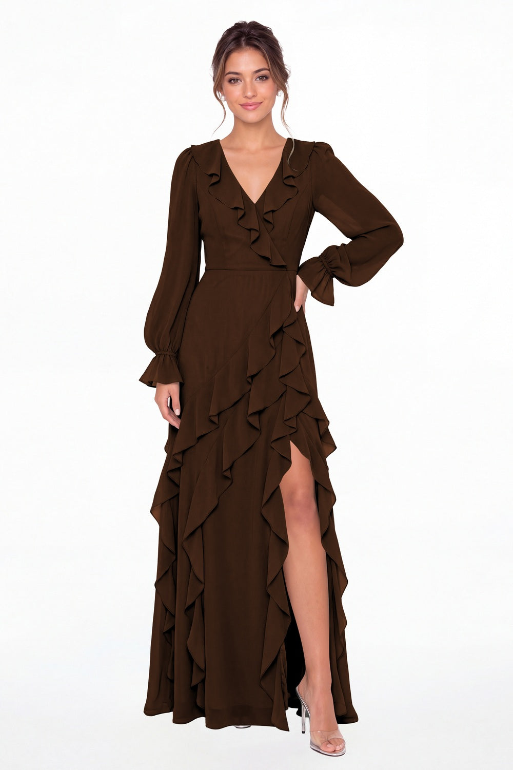 Brown V-Neck Long Sleeve Ruffle Chiffon Slit Maxi Gown - Front View