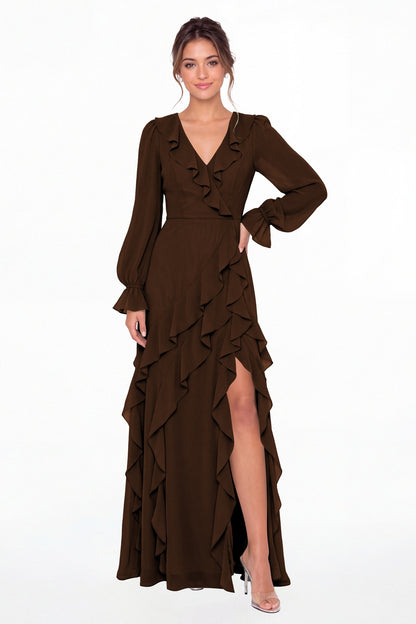 Brown V-Neck Long Sleeve Ruffle Chiffon Slit Maxi Gown - Front View