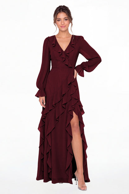 Burgundy V-Neck Long Sleeve Ruffle Chiffon Slit Maxi Gown - Front View