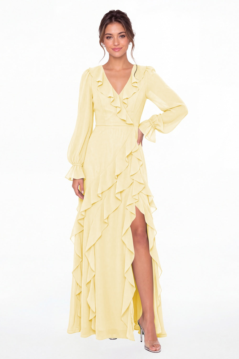 Butter Yellow V-Neck Long Sleeve Ruffle Chiffon Slit Maxi Gown - Front View