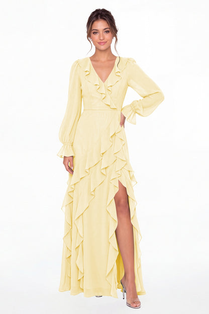Butter Yellow V-Neck Long Sleeve Ruffle Chiffon Slit Maxi Gown - Front View