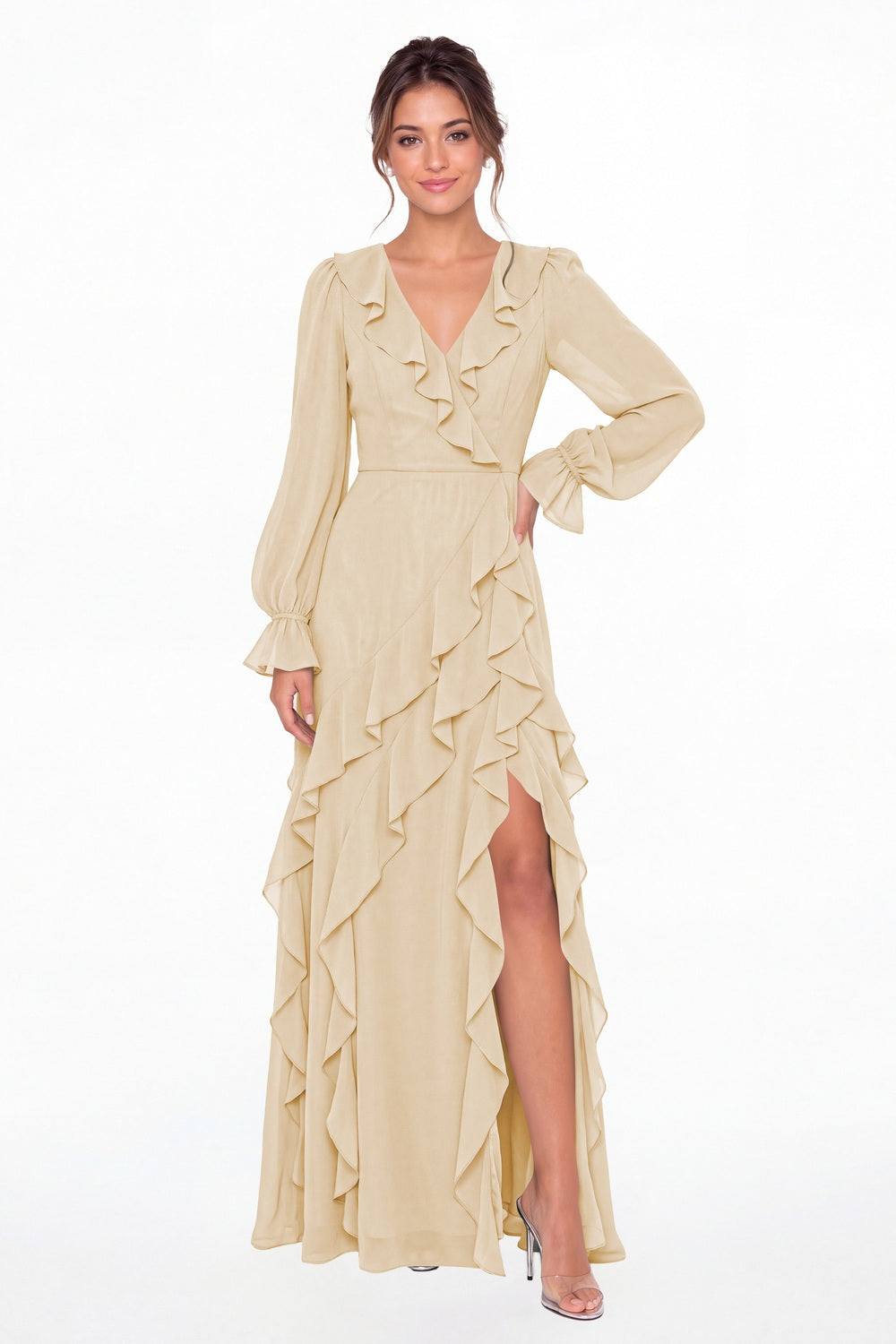 Champagne V-Neck Long Sleeve Ruffle Chiffon Slit Maxi Gown - Front View
