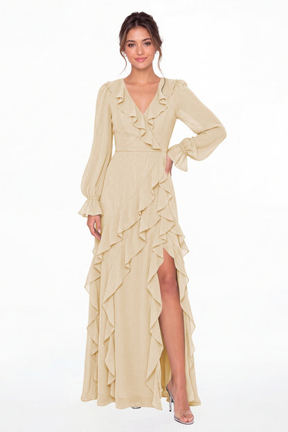 Champagne V-Neck Long Sleeve Ruffle Chiffon Slit Maxi Gown - Front View