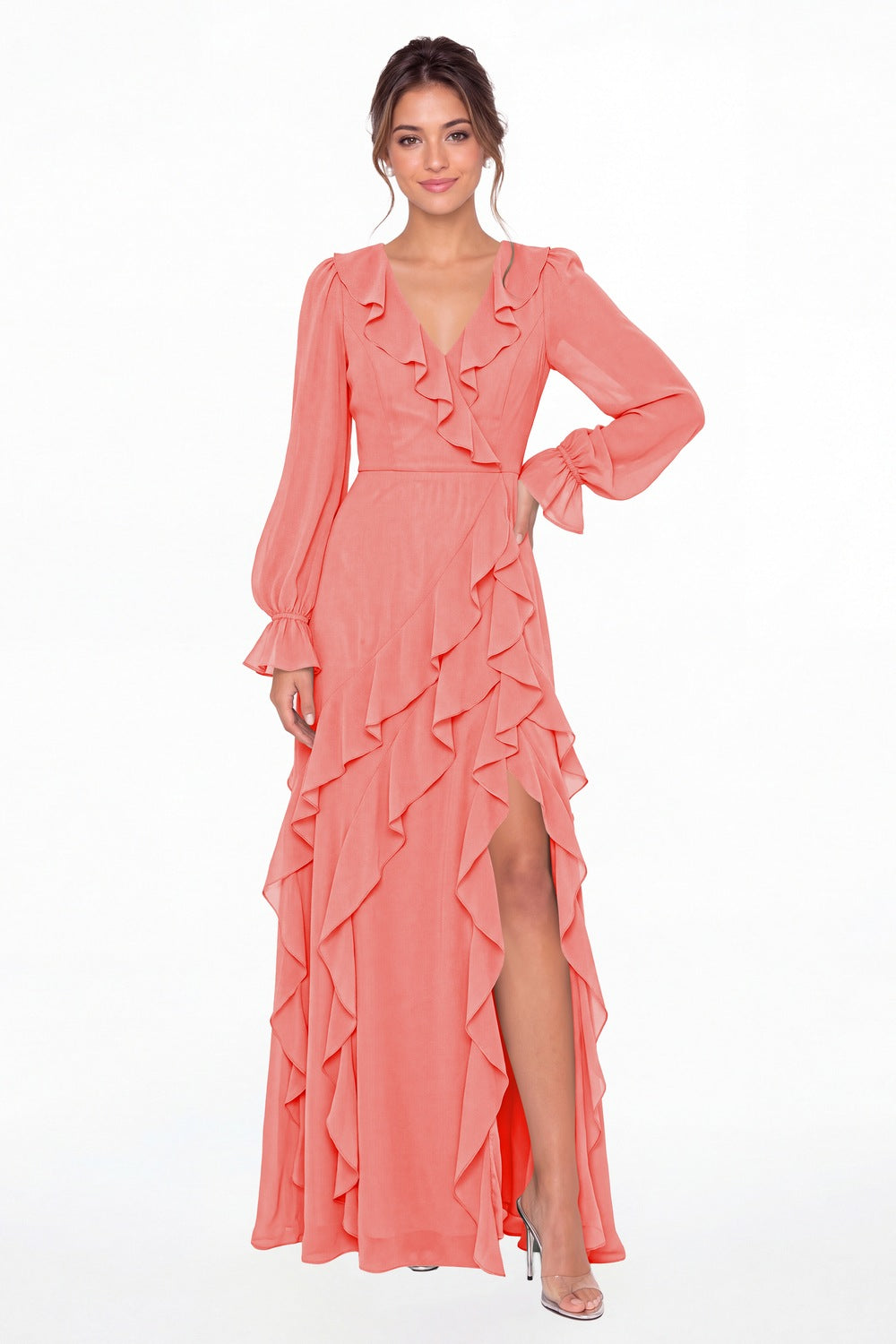Coral V-Neck Long Sleeve Ruffle Chiffon Slit Maxi Gown - Front View