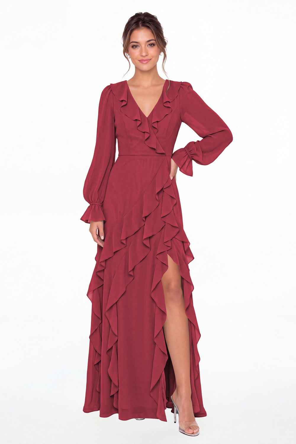 Desert Rose V-Neck Long Sleeve Ruffle Chiffon Slit Maxi Gown - Front View