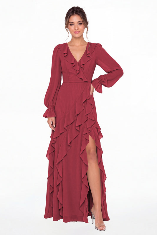 Desert Rose V-Neck Long Sleeve Ruffle Chiffon Slit Maxi Gown - Front View