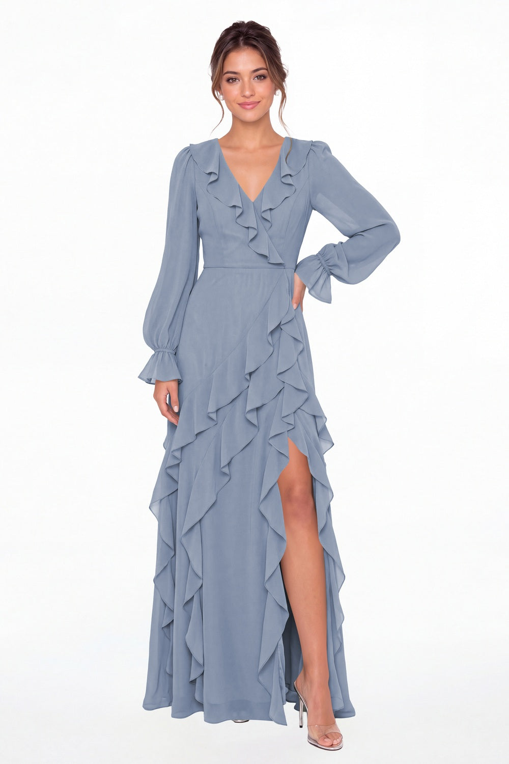 Dusty Blue V-Neck Long Sleeve Ruffle Chiffon Slit Maxi Gown - Front View