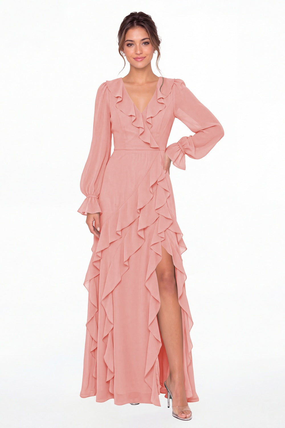 Dusty Rose V-Neck Long Sleeve Ruffle Chiffon Slit Maxi Gown - Front View