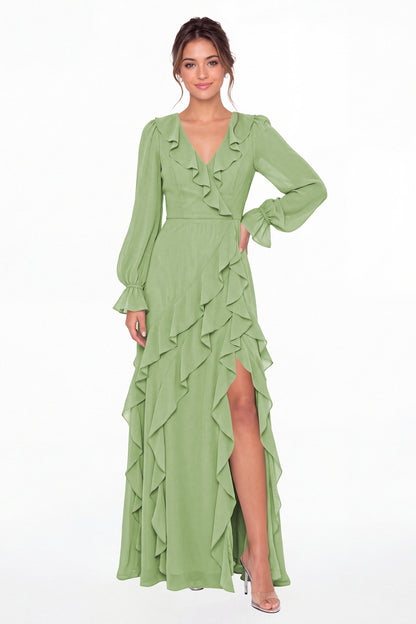 Dusty Sage V-Neck Long Sleeve Ruffle Chiffon Slit Maxi Gown - Front View