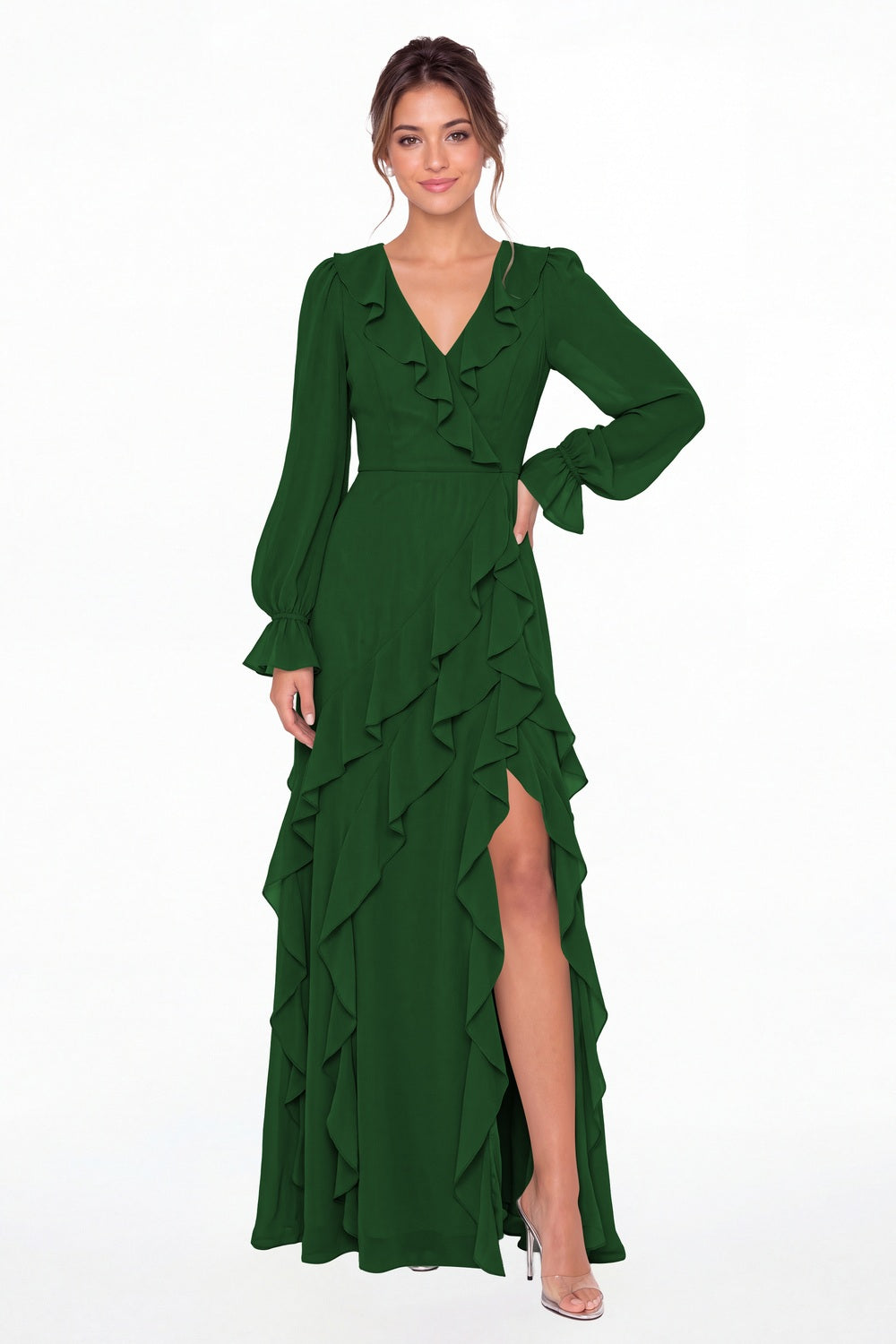 Emerald Green V-Neck Long Sleeve Ruffle Chiffon Slit Maxi Gown - Front View