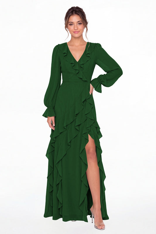 Emerald Green V-Neck Long Sleeve Ruffle Chiffon Slit Maxi Gown - Front View